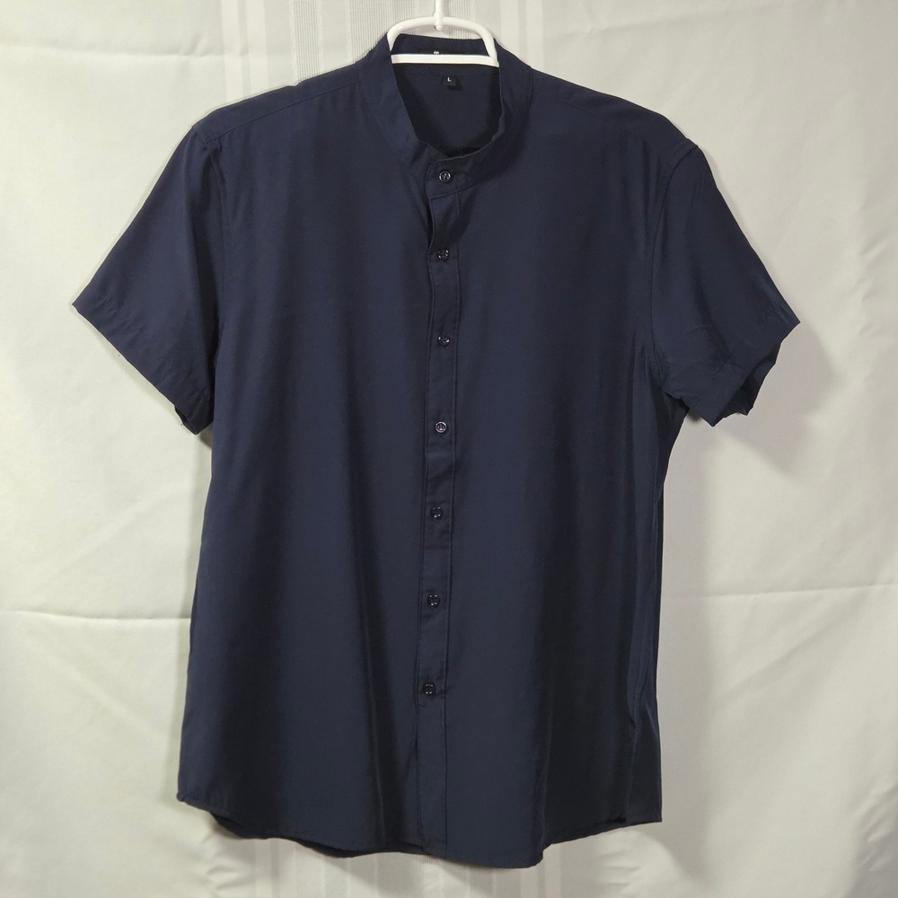 Topshion Button Down Shirt Mens L Navy Blue Mandarin Collar Short Sleeve Casual